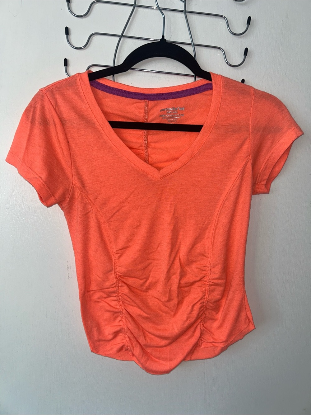 Women's Marika Tek V-Neck Ruched Short Sleeve  DRY-WIK Activewear Top - Coral Sm